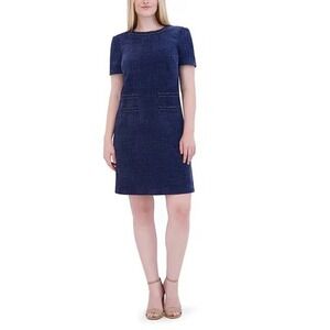Eliza J Fit & Flare Dress Women Large Navy‎ Blue Short Sleeve Pointelle Knit